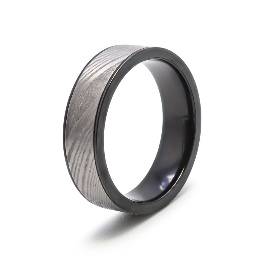 Bague en black zirconium - acier damas véritable incrusté - largeur...