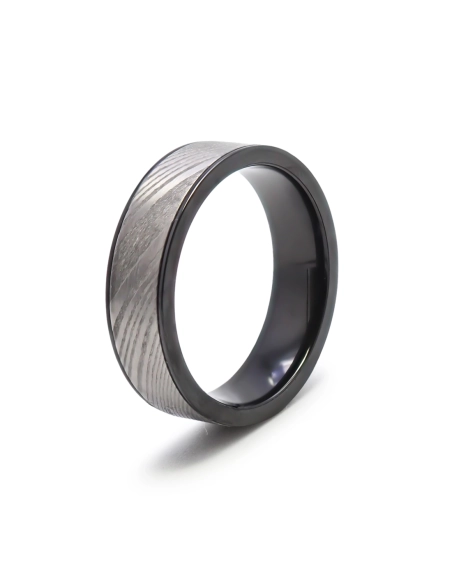 Bague en black zirconium - acier damas véritable incrusté - largeur...