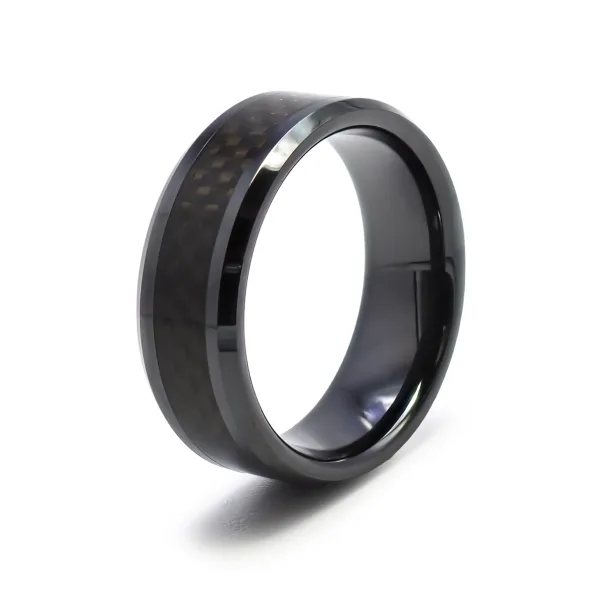 Bague en black zirconium - fibre de carbone noire incrustée - large...