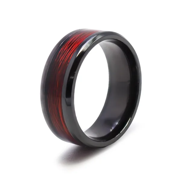 Bague en black zirconium - câble rouge incrusté - largeur 8mm - Tai...