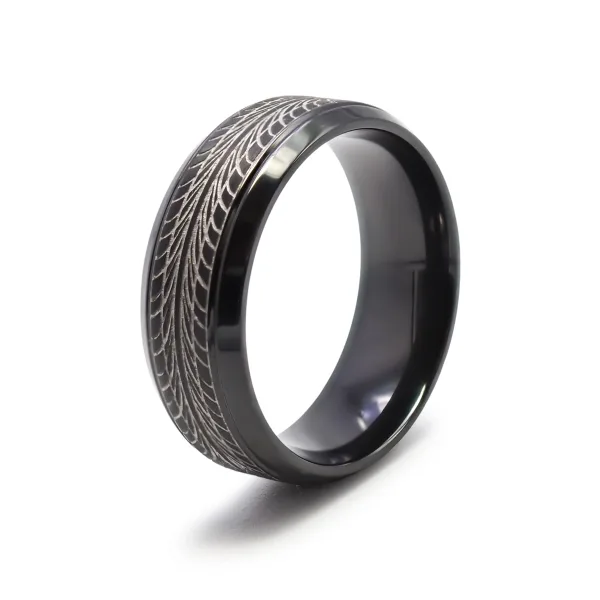 Bague en black zirconium 2 tons - motifs modernes - finition corros...