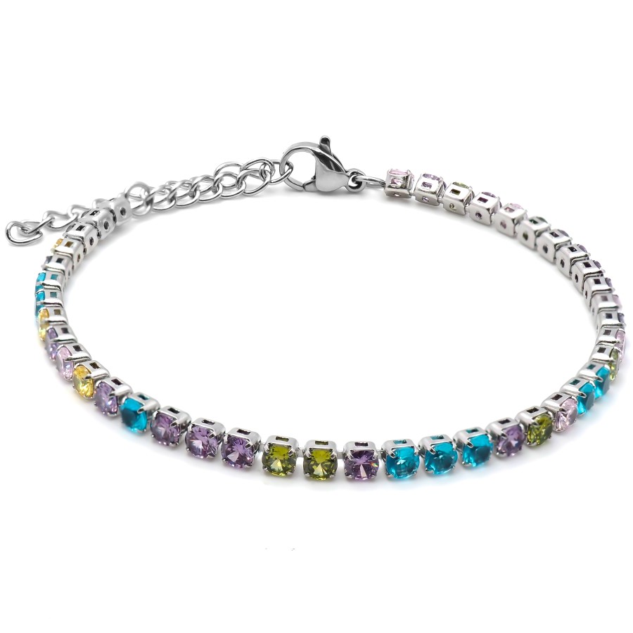 Bracelet acier - zircons mutlicolors ronds facettés 4mm - 15+5cm - ...