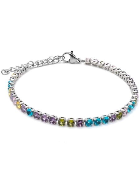 Bracelet acier - zircons mutlicolors ronds facettés 4mm - 15+5cm - ...