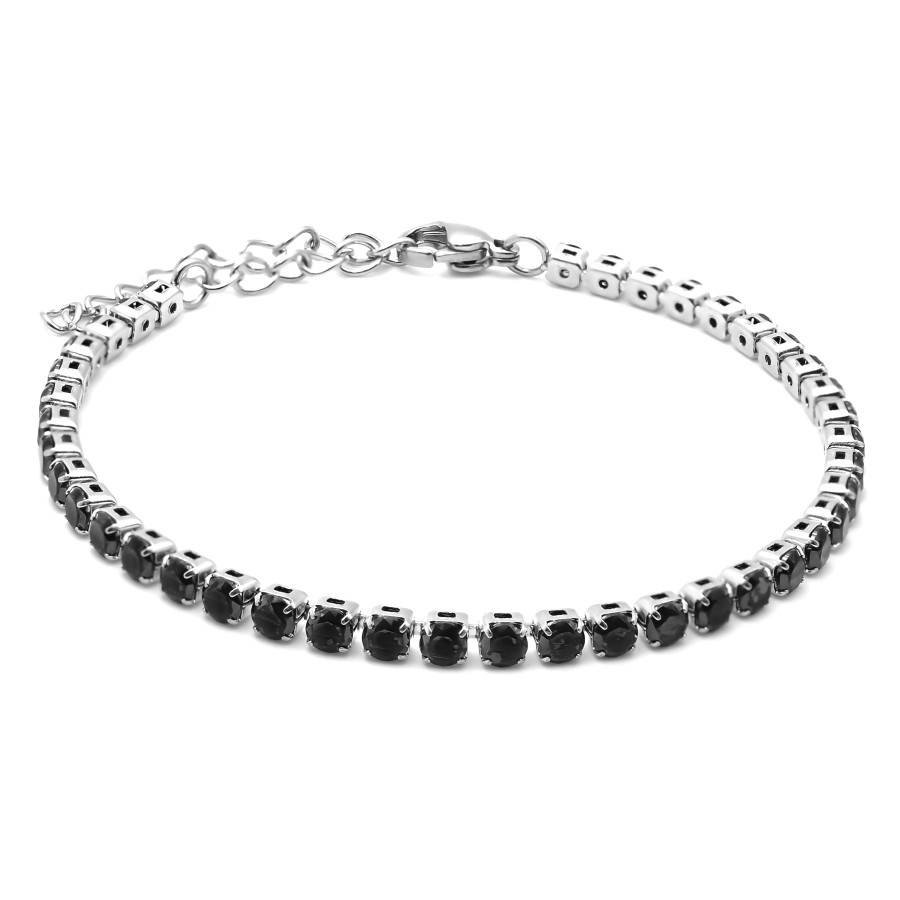 Bracelet acier - zircons noirs ronds facettés 3mm - 15+5cm - Grossi...