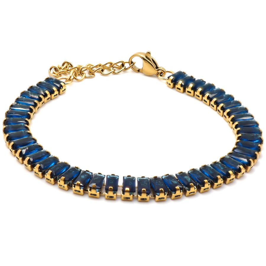 Bracelet acier - PVD doré - zircons bleu foncés rectangulaires face...