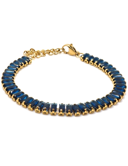 Bracelet acier - PVD doré - zircons bleu foncés rectangulaires face...
