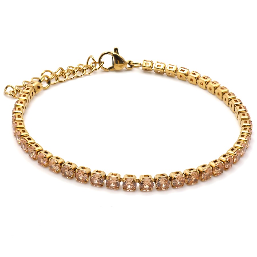 Bracelet acier - PVD doré - zircons champagnes facettés 3mm - 15+5c...