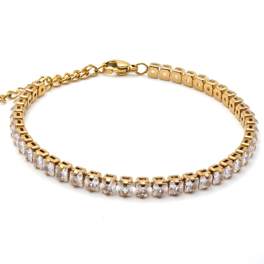 Bracelet acier - PVD doré - zircons blancs carrés facettés 3mm - 15...