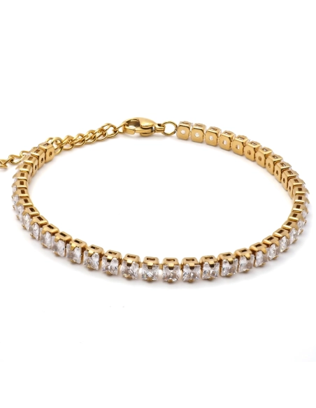Bracelet acier - PVD doré - zircons blancs carrés facettés 3mm - 15...