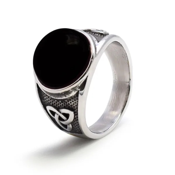 Chevalière en acier homme - finition vintage - cabochon onyx diamèt...