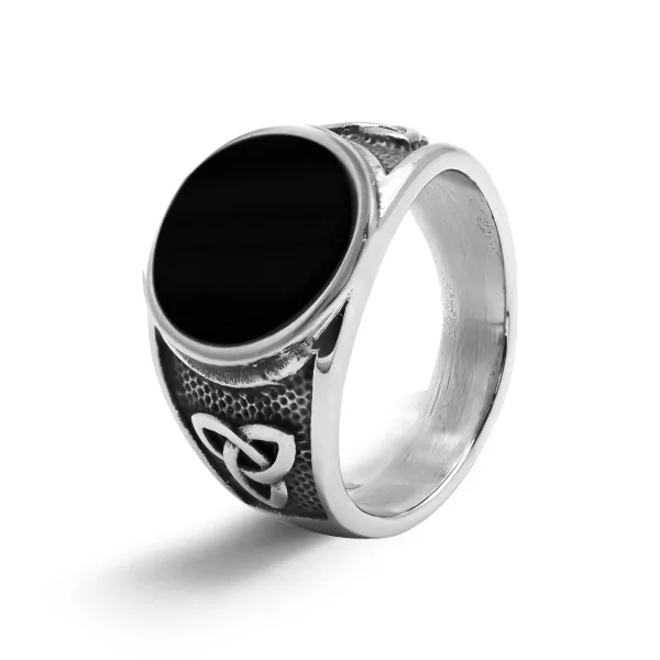 Chevalière en acier homme - finition vintage - pierre plate onyx di...