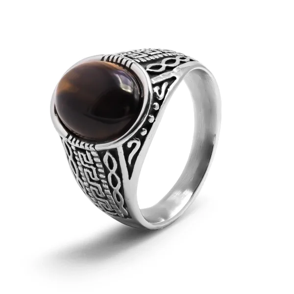 Chevalière en acier homme - finition vintage - cabochon œil de tigr...