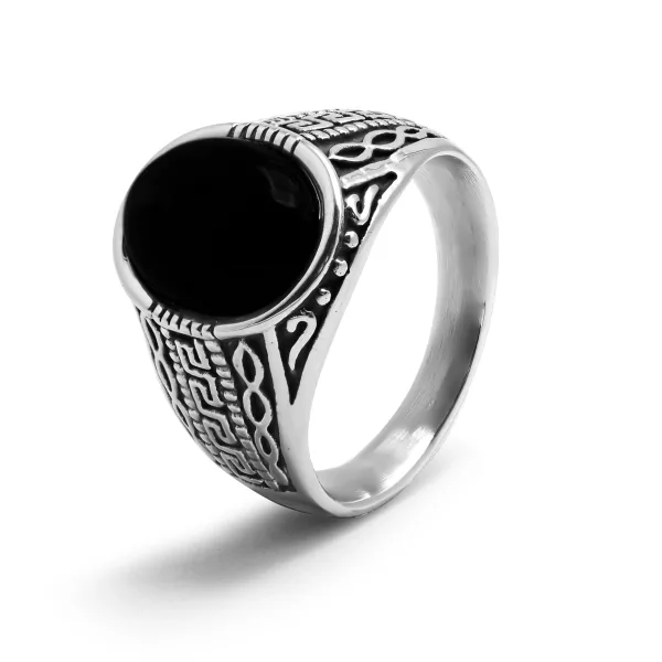 Chevalière en acier homme - finition vintage - pierre plate onyx 16...