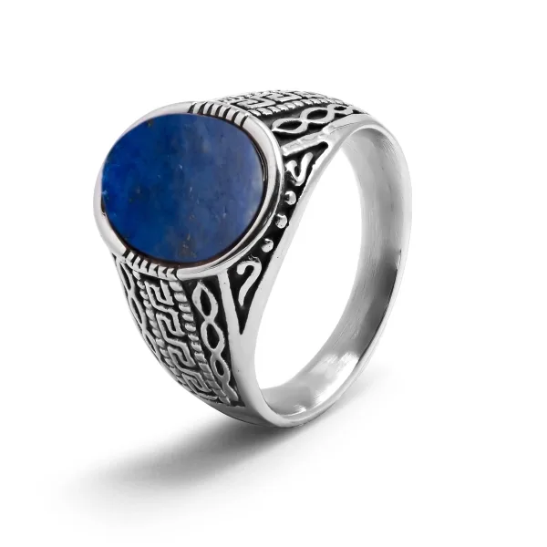Chevalière en acier homme - finition vintage - cabochon lapis lazul...