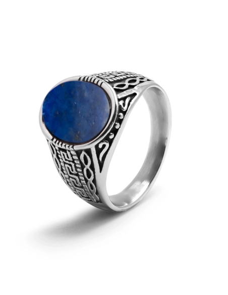 Chevalière en acier homme - finition vintage - cabochon lapis lazul...
