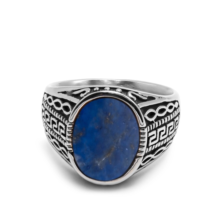 Chevalière en acier homme - finition vintage - cabochon lapis lazul...