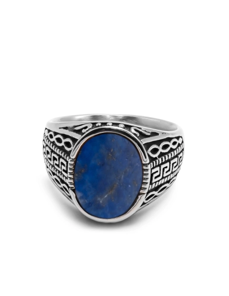 Chevalière en acier homme - finition vintage - cabochon lapis lazul...