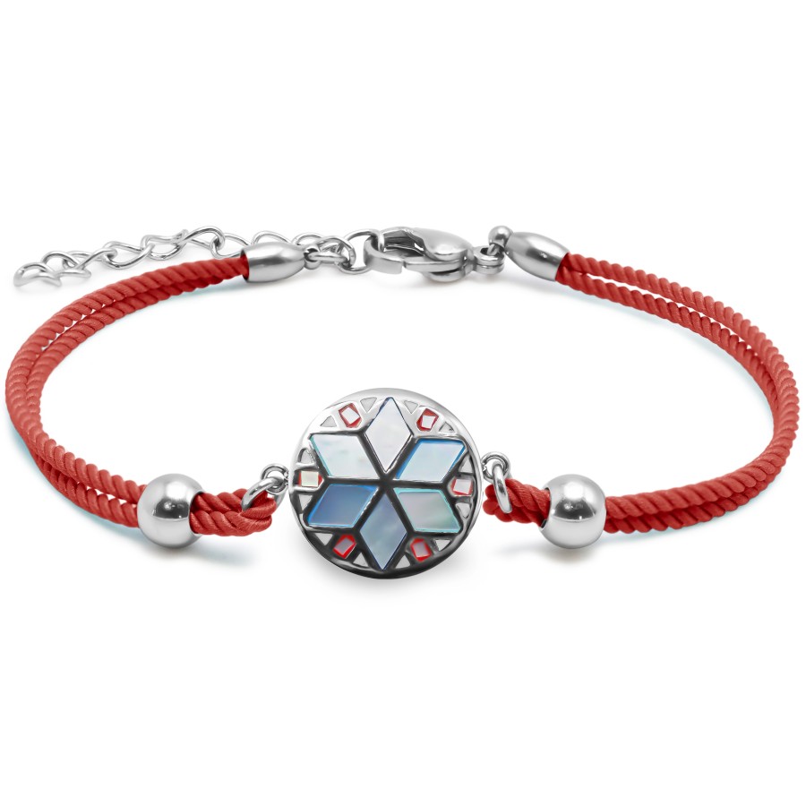 Bracelet acier coton rouge - email et nacre - 15+5cm - Grossiste Bi...