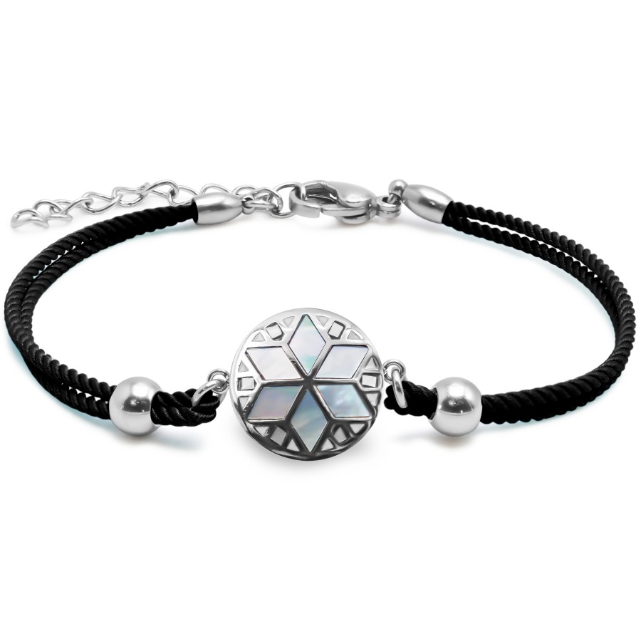 Bracelet acier coton noir - email et nacre - 15+5cm - Grossiste Bij...