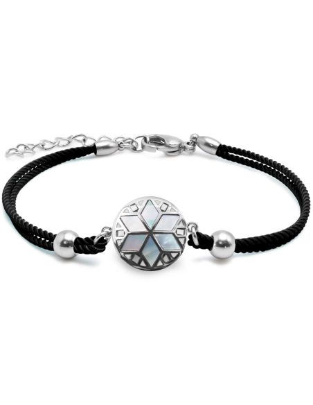 Bracelet acier coton noir - email et nacre - 15+5cm - Grossiste Bij...