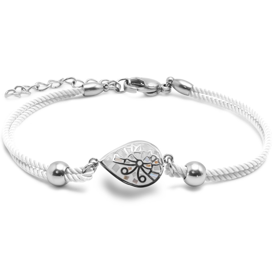 Bracelet acier coton blanc - email et nacre - 15+5cm - Grossiste Bi...