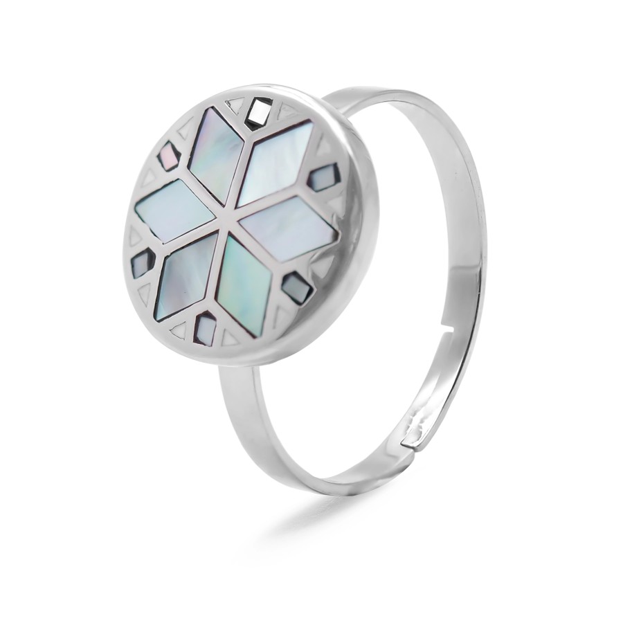 Bague acier - email et nacre - 3 tailles réglables de 50 à 60 - Gro...