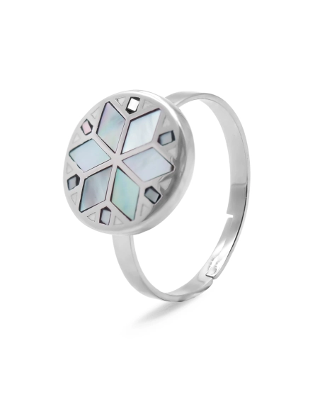Bague acier - email et nacre - 3 tailles réglables de 50 à 60 - Gro...