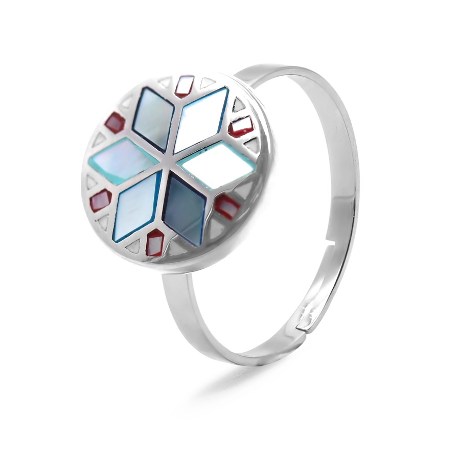 Bague acier - email et nacre - 3 tailles réglables de 50 à 60 - Gro...