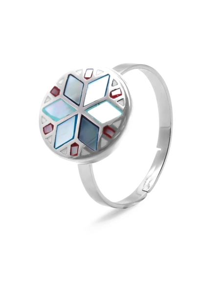Bague acier - email et nacre - 3 tailles réglables de 50 à 60 - Gro...