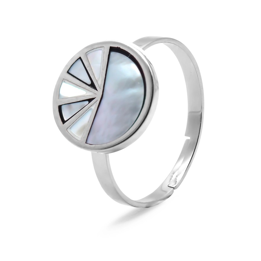 Bague acier - email et nacre - 3 tailles réglables de 50 à 60 - Gro...