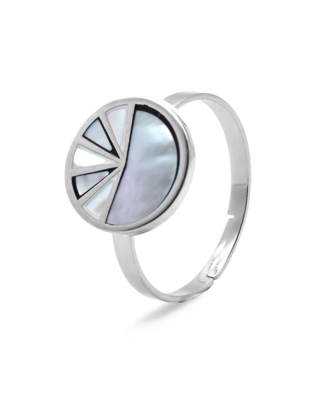 Bague acier - email et nacre - 3 tailles réglables de 50 à 60 - Gro...