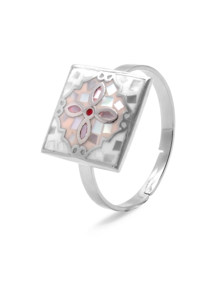 Bague acier - email et nacre - 3 tailles réglables de 50 à 60 - Gro...