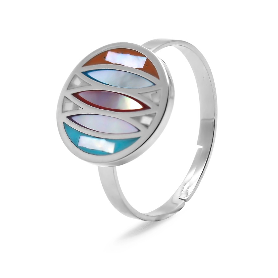 Bague acier - email et nacre - 3 tailles réglables de 50 à 60 - Gro...