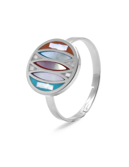 Bague acier - email et nacre - 3 tailles réglables de 50 à 60 - Gro...