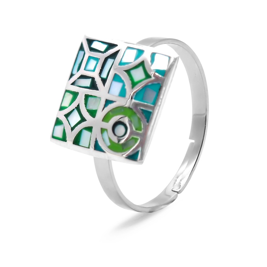Bague acier - email et nacre - 3 tailles réglables de 50 à 60 - Gro...