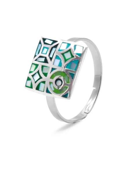 Bague acier - email et nacre - 3 tailles réglables de 50 à 60 - Gro...
