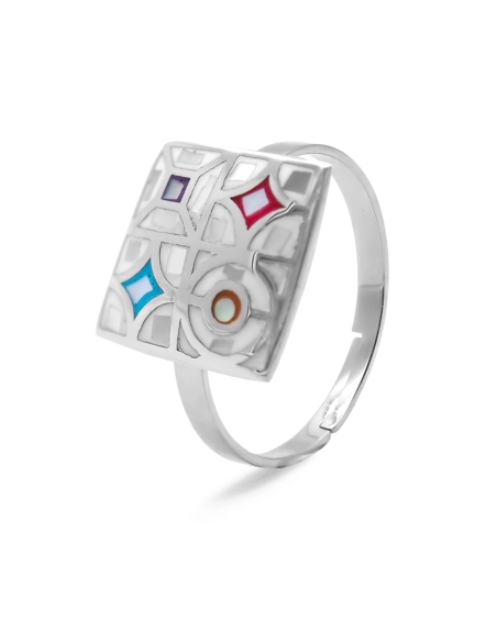 Bague acier - email et nacre - 3 tailles réglables de 50 à 60 - Gro...