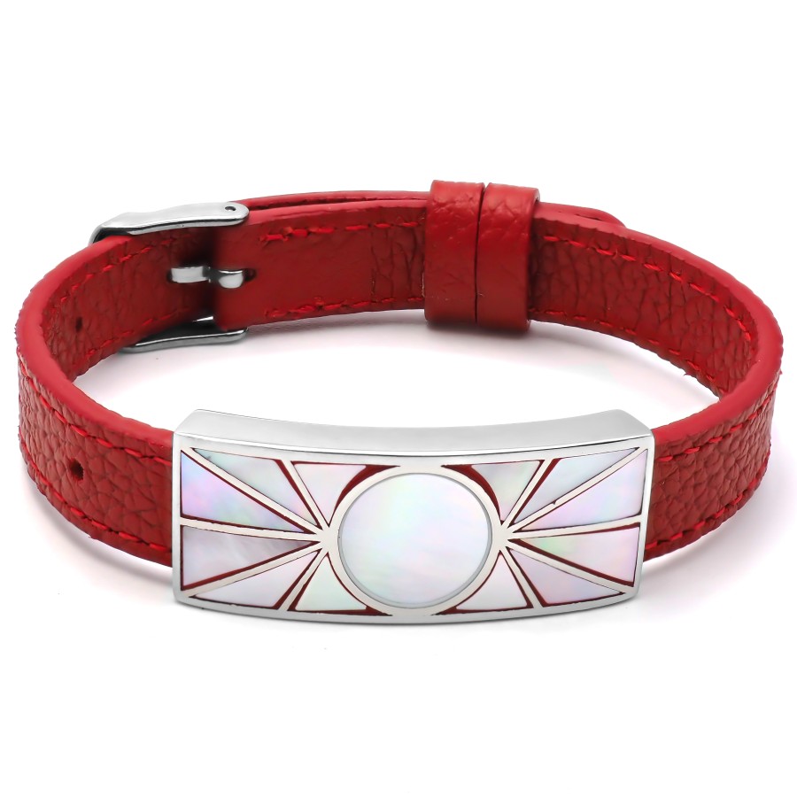 Bracelet acier - émail - nacre - cuir rouge - largeur 1cm - bracele...