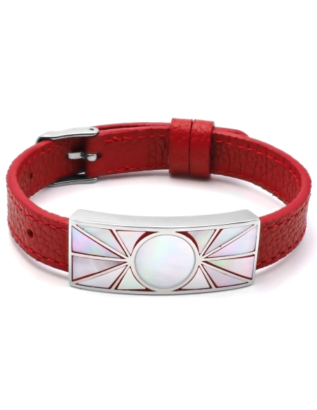 Bracelet acier - émail - nacre - cuir rouge - largeur 1cm - bracele...