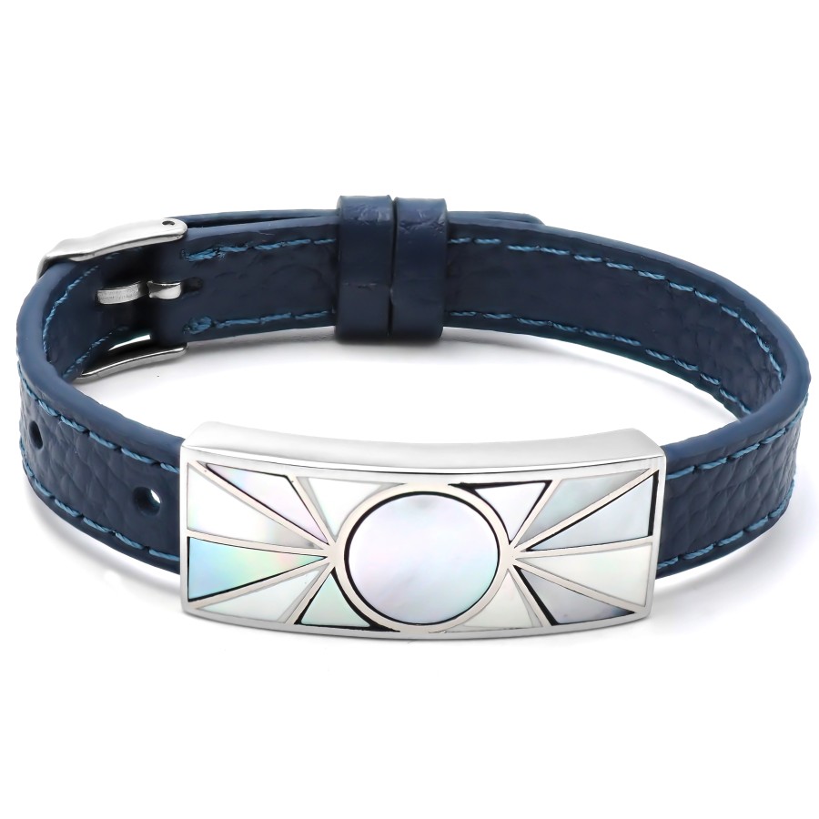 Bracelet acier - émail - nacre - cuir bleu foncé - largeur 1cm - br...