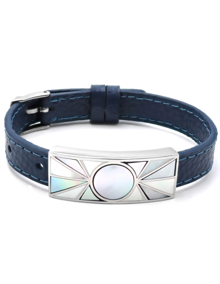 Bracelet acier - émail - nacre - cuir bleu foncé - largeur 1cm - br...