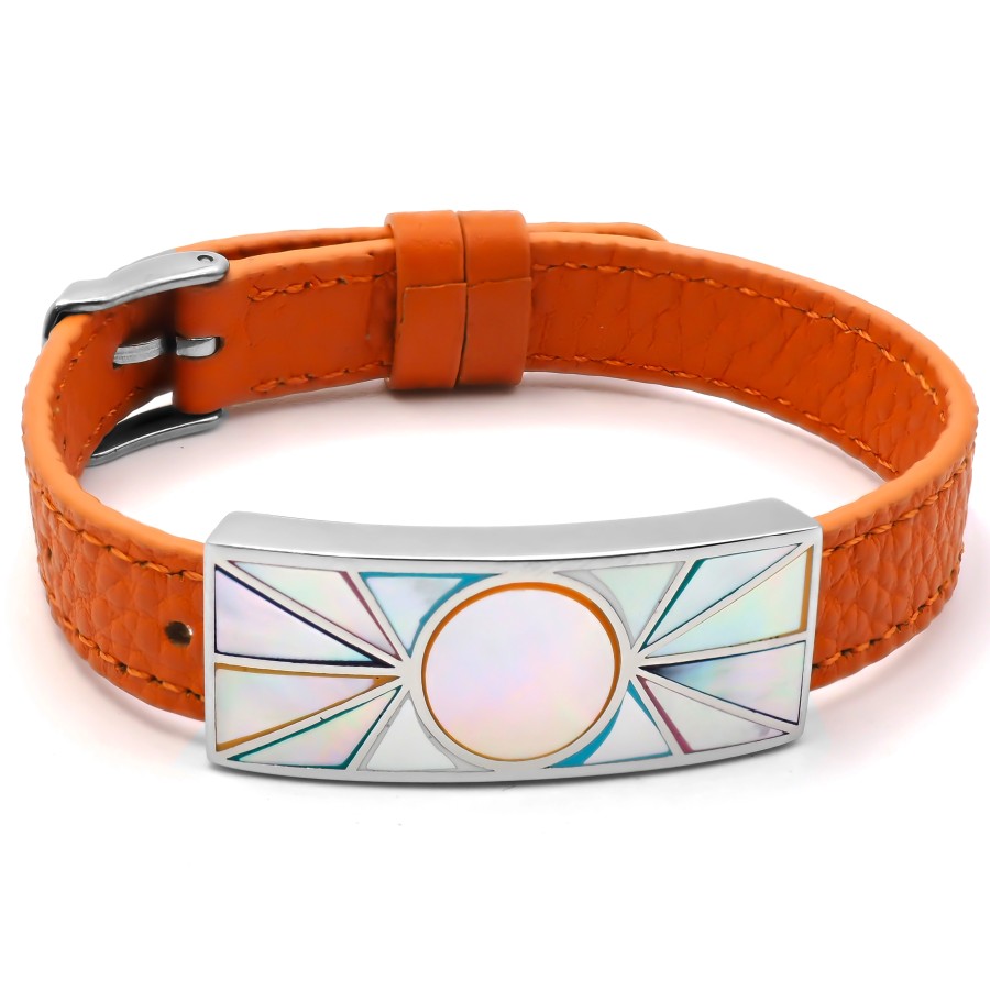Bracelet acier - émail - nacre - cuir orange - largeur 1cm - bracel...
