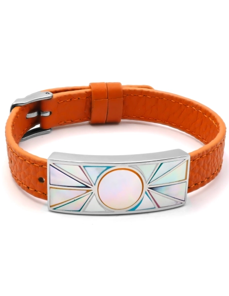 Bracelet acier - émail - nacre - cuir orange - largeur 1cm - bracel...