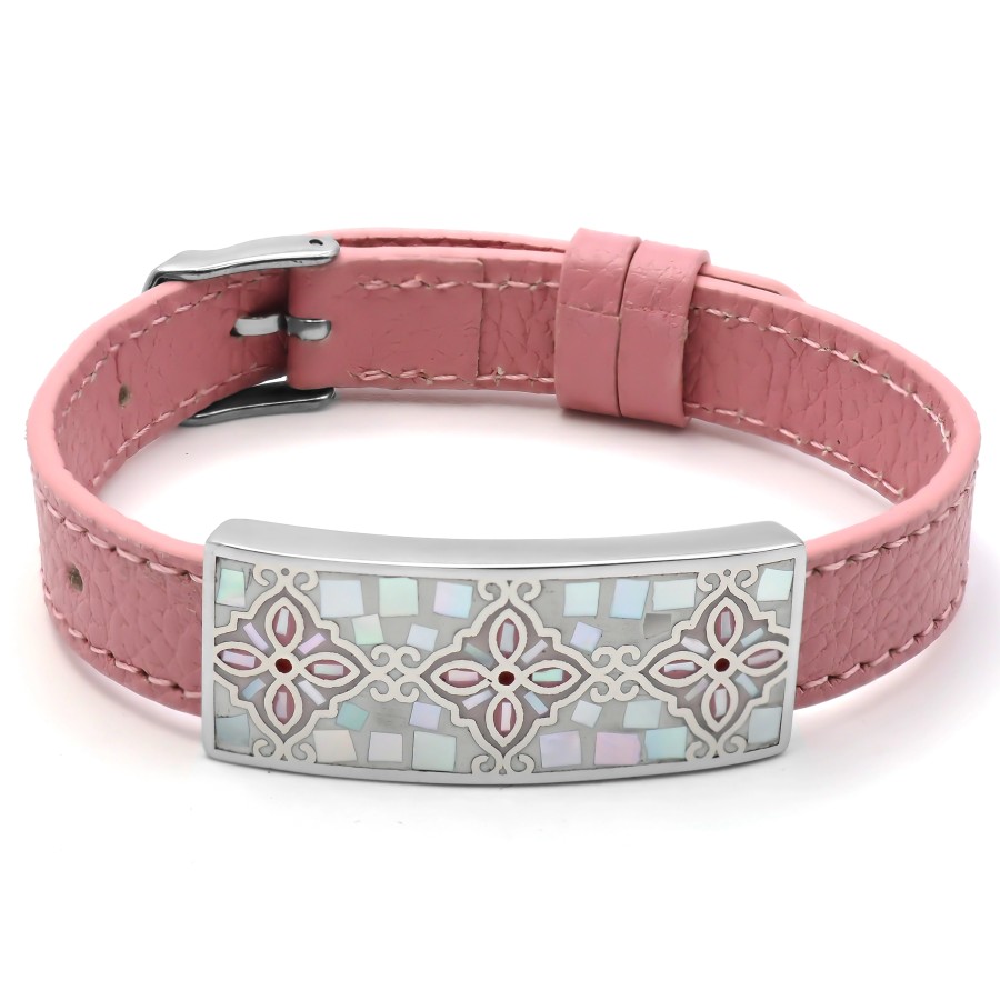 Bracelet acier - émail - nacre - cuir rose - largeur 1cm - bracelet...