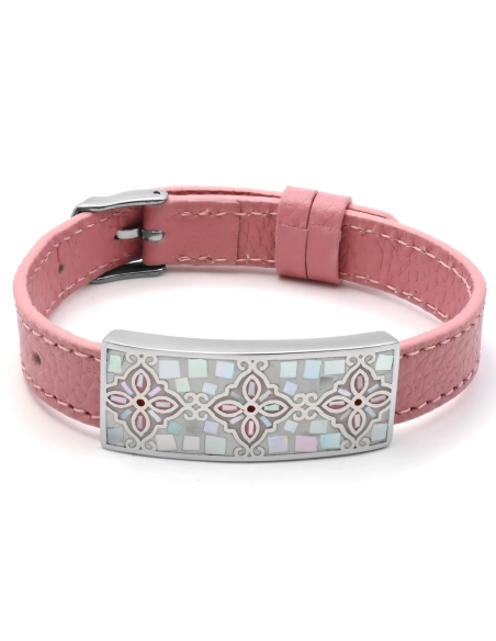 Bracelet acier - émail - nacre - cuir rose - largeur 1cm - bracelet...
