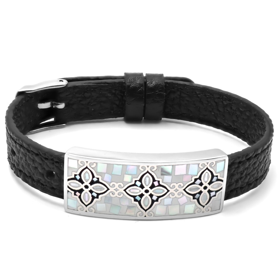 Bracelet acier - émail - nacre - cuir noir - largeur 1cm - bracelet...