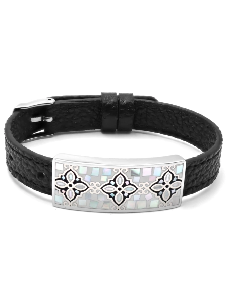 Bracelet acier - émail - nacre - cuir noir - largeur 1cm - bracelet...