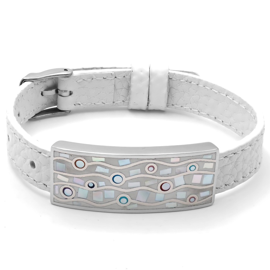 Bracelet acier - émail - nacre - cuir blanc - largeur 1cm - bracele...