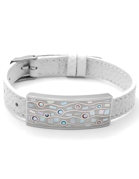 Bracelet acier - émail - nacre - cuir blanc - largeur 1cm - bracele...