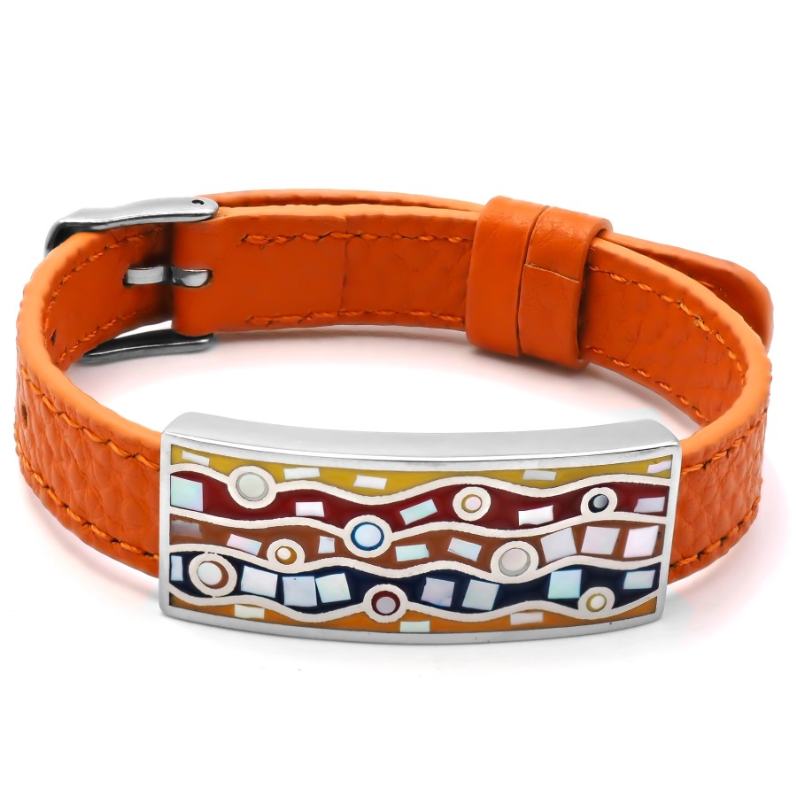 Bracelet acier - émail - nacre - cuir orange - largeur 1cm - bracel...